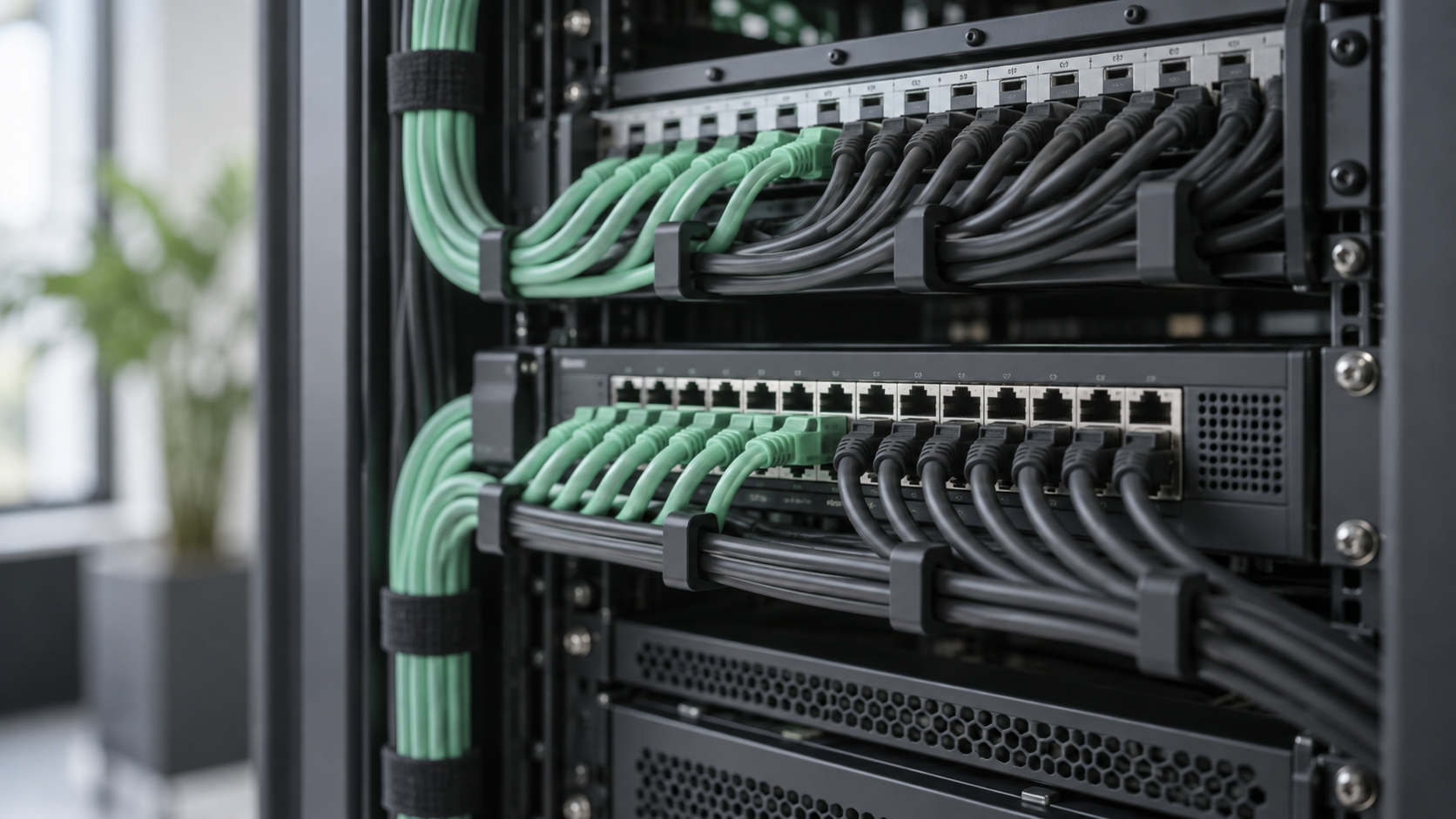 An organized enterprise network patch panel with charcoal and mint cables routed into a central switch.