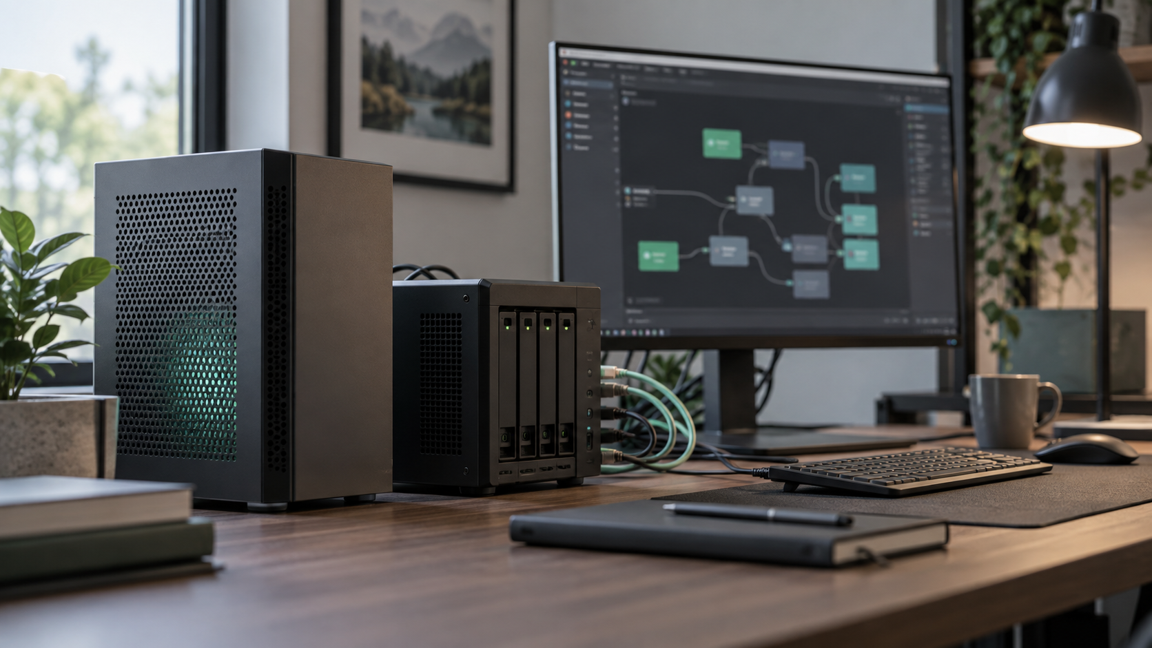 A compact local AI workstation and server beside a monitor showing a softly blurred workflow diagram.