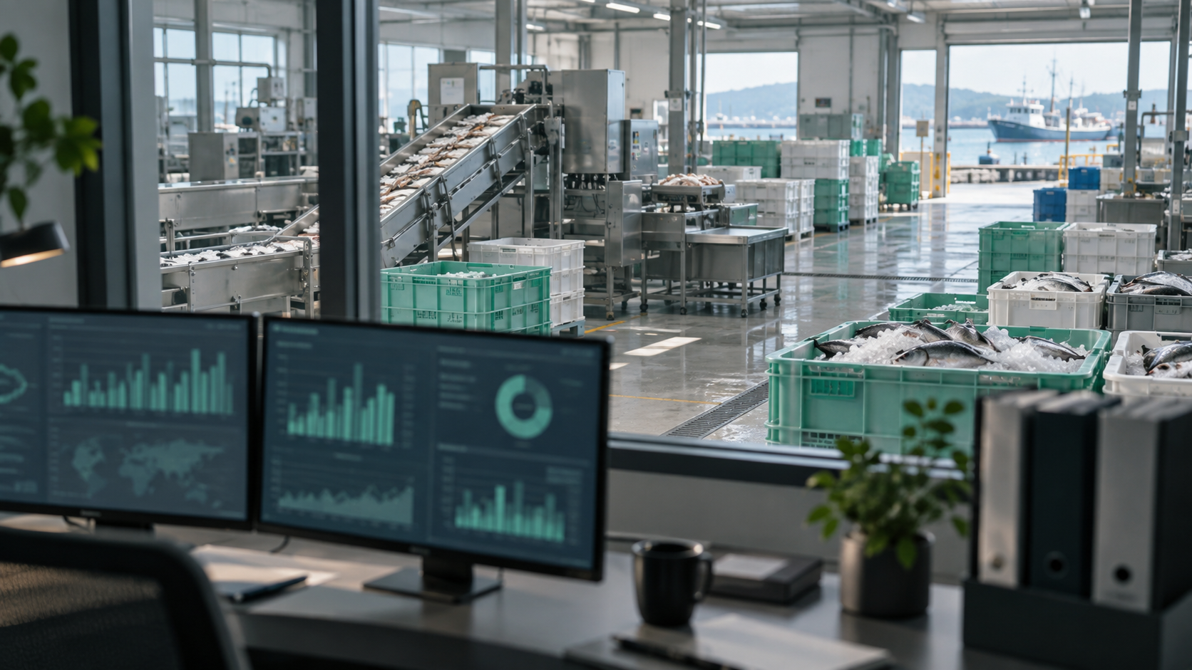 A seafood processing operation seen through an analytics office, illustrating the connection between operational systems and data platforms.
